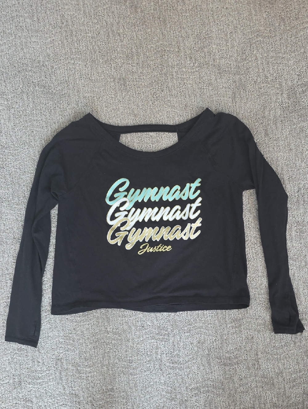 Justice Black Gymnastics Long-Sleeve Crop Top with Open Cutout Back XL 16 / 18
